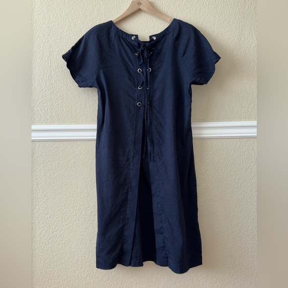 THEORY $275 Linen Blend Navy Caliver Lace Back Raglan Dress Size 6 - Picture 3 of 11